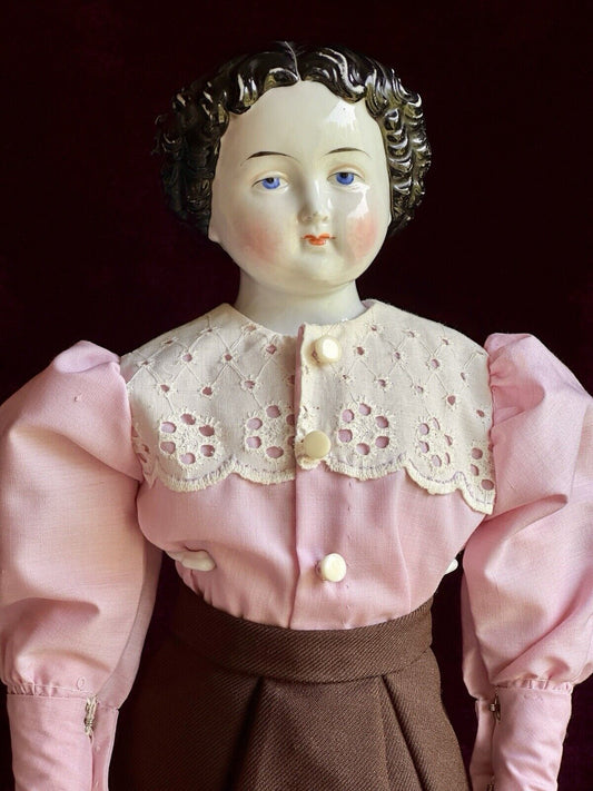 Antique German 19” China Shoulder Head Brunette Victorian Fashion Doll