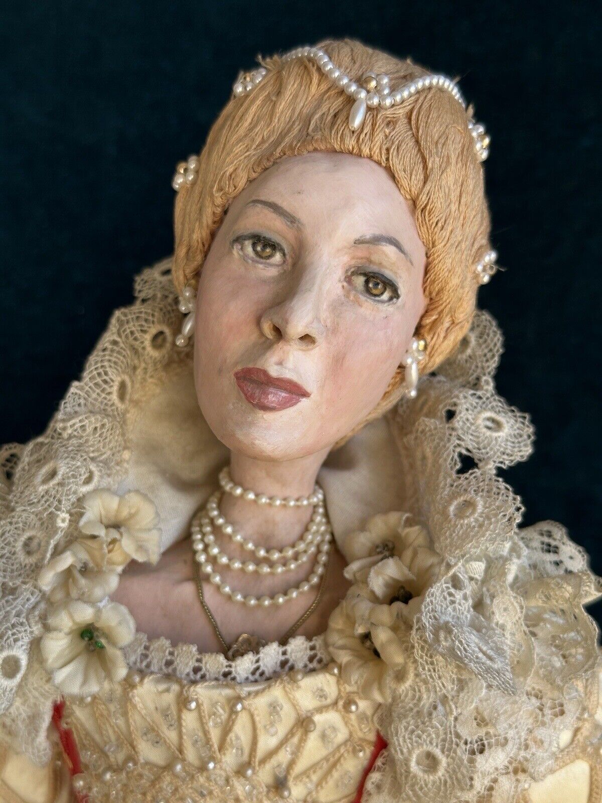 OOAK Artist Vintage 23” Polymer Clay (?) and Cloth Portrait Royal Lady Doll