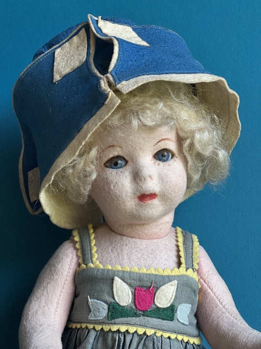 Rare Antique French 14” SFBJ Pressed Felt Jointed Cloth Doll Sleepy Eyes