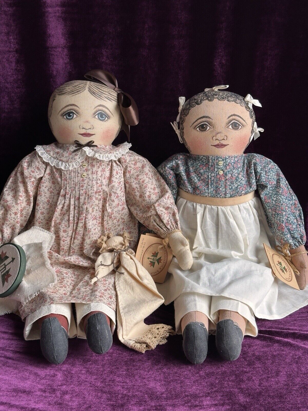 Lot of 2 Vintage Rappahannock Rags American Folk Art Painted Cloth Dolls