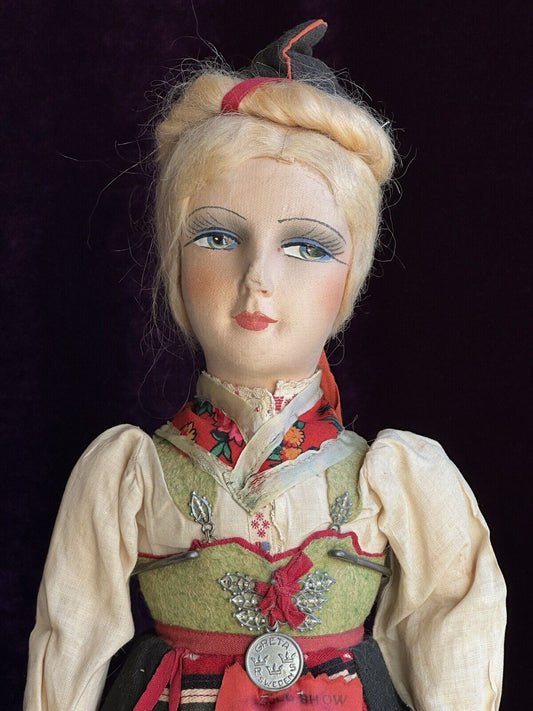 Antique European 24” Cloth Boudoir Style Greta Doll Made In Sweden