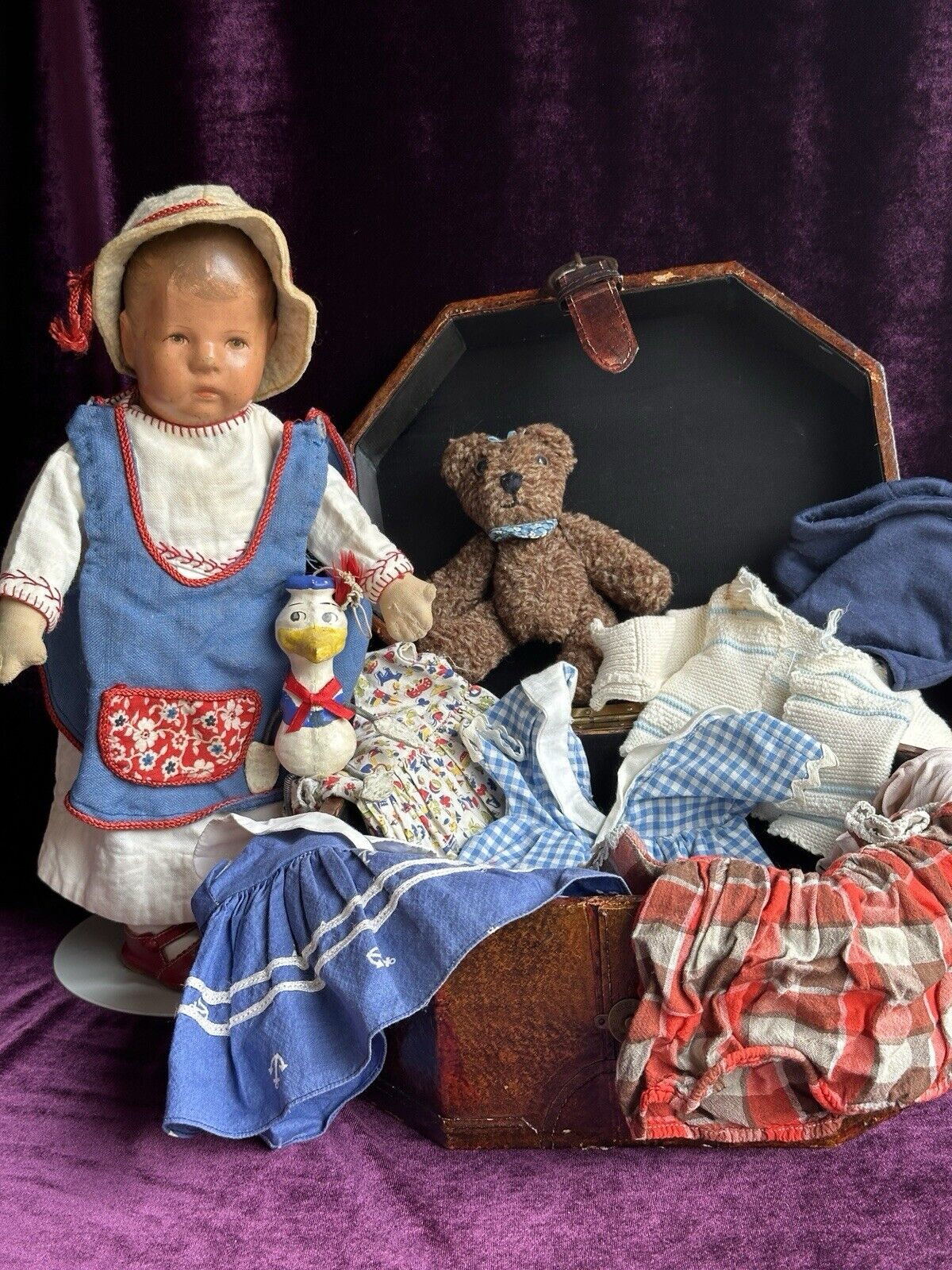 Antique German 14” Early Kathe Kruse Hampelchen Cloth Doll with Button + Extras