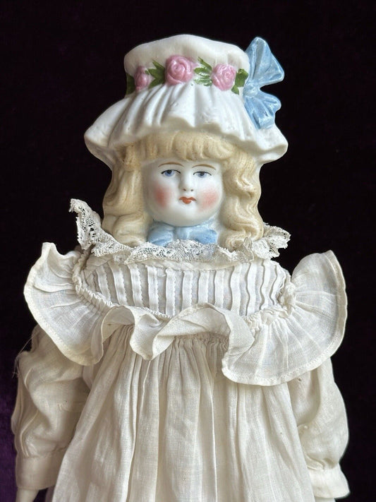 Antique German 11.5” Hertwig Molded Bonnet Bisque Head Parian Doll