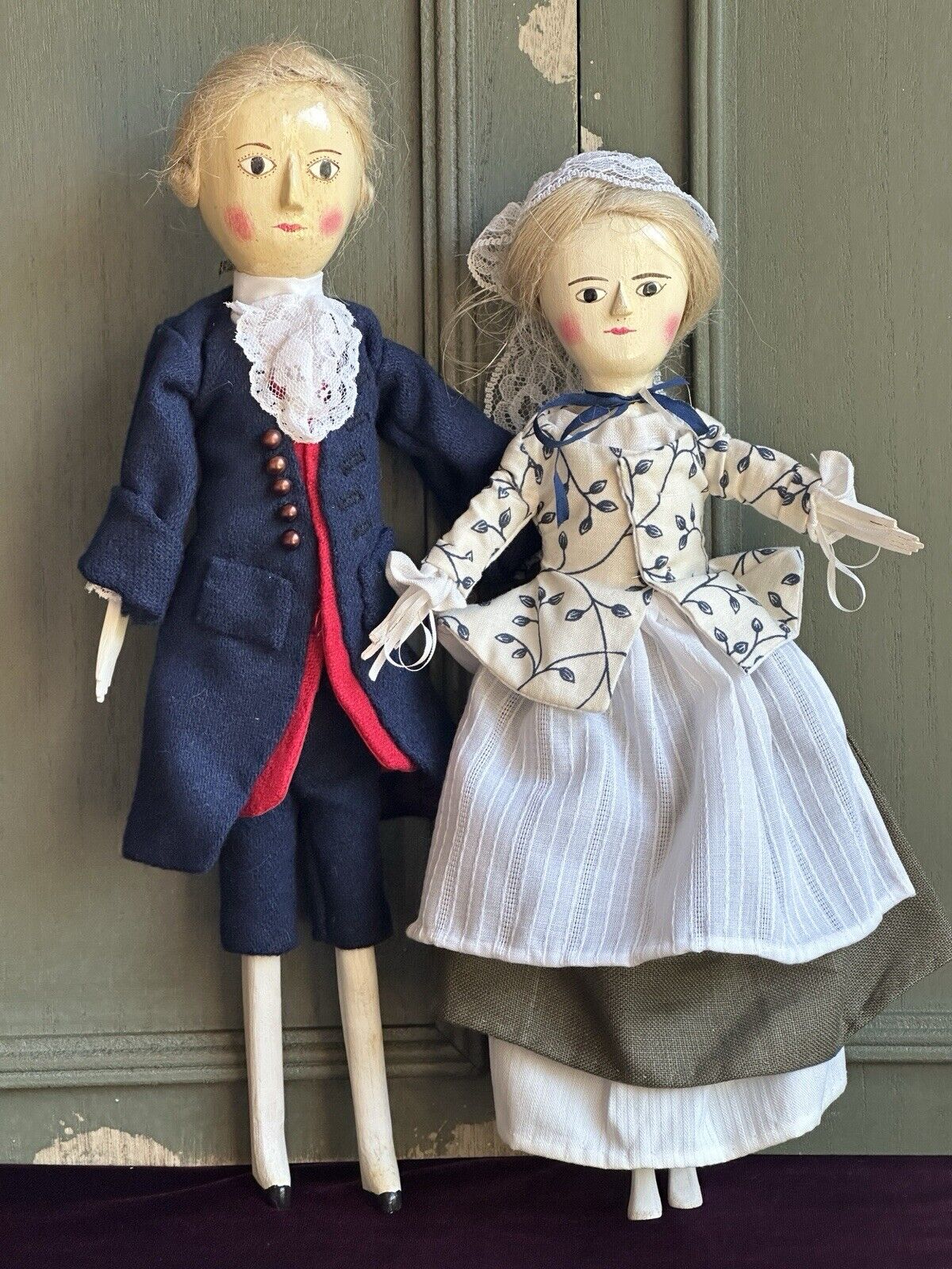 Pair of Collectible Wooden Victorian Dolls by Fred Laughon Queen Anne Style