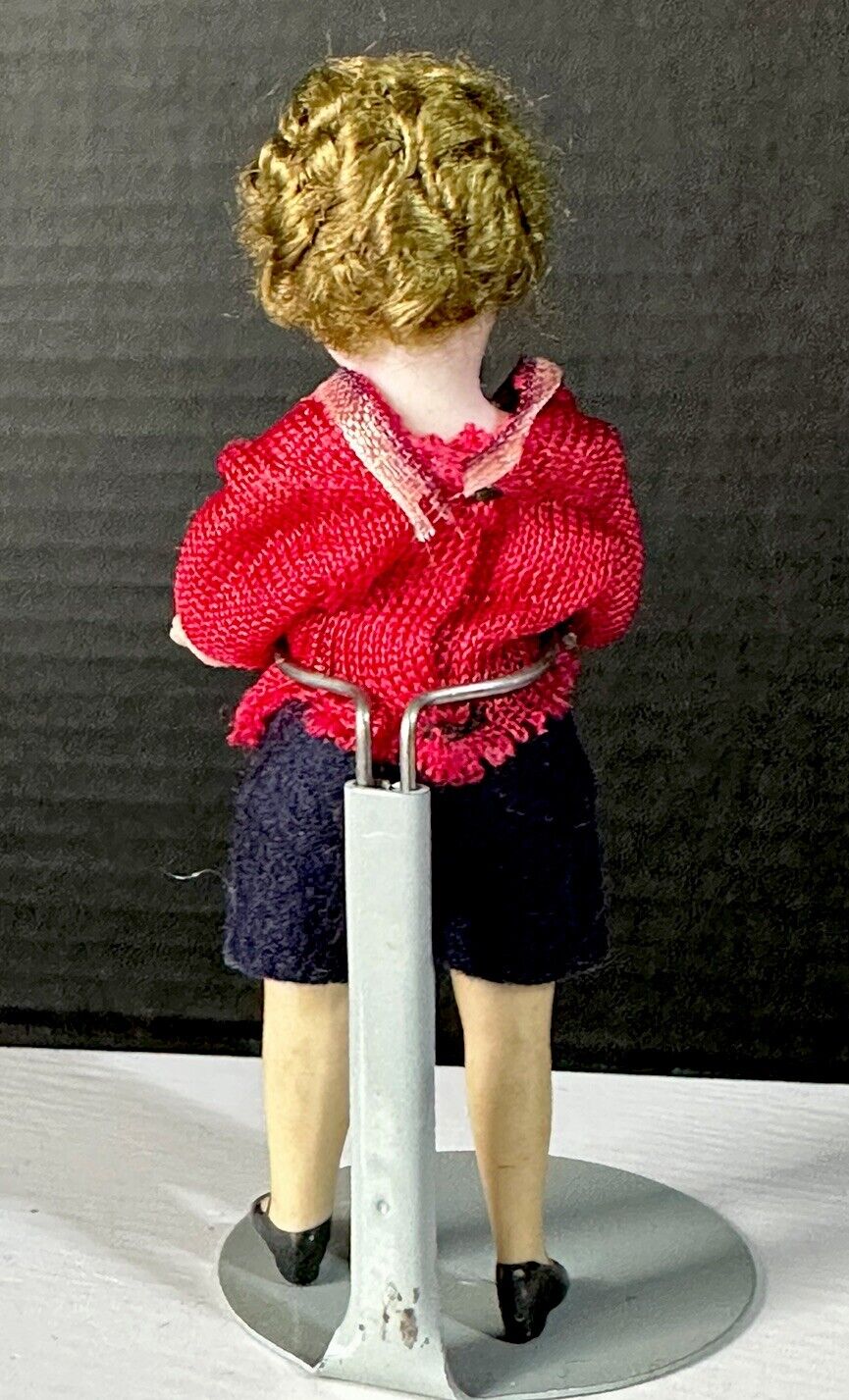 Antique German Flapper (?) All Bisque 3 3/4” Mignonette Girl Doll Dollhouse Size