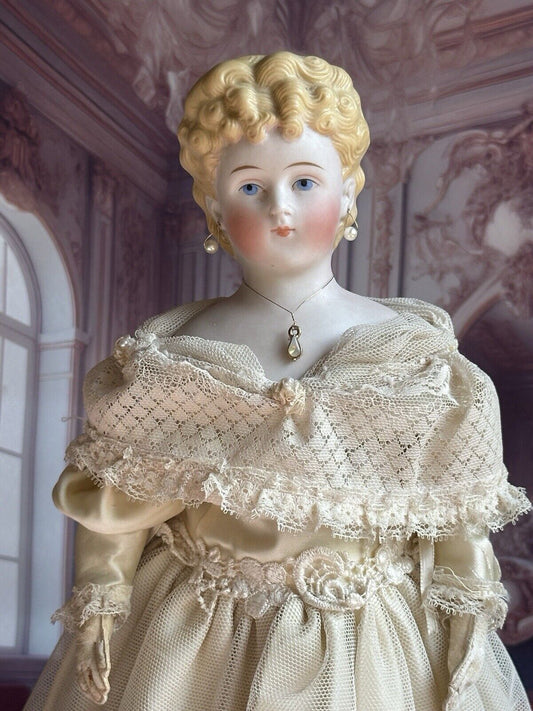 Rare Antique German 15” Parian China Bisque Shoulder Head Fashion Doll