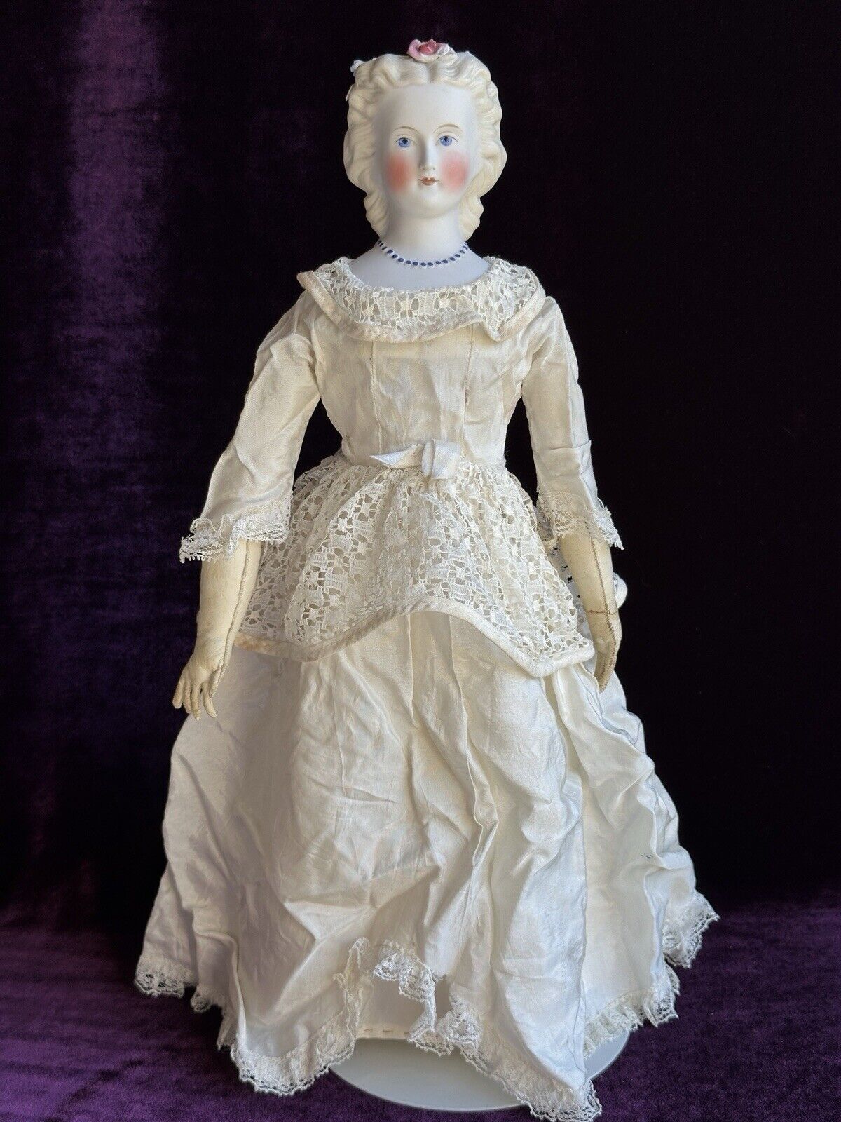 Antique German 17” Kling Parian Bisque Head China Bride Doll Dresden Flowers