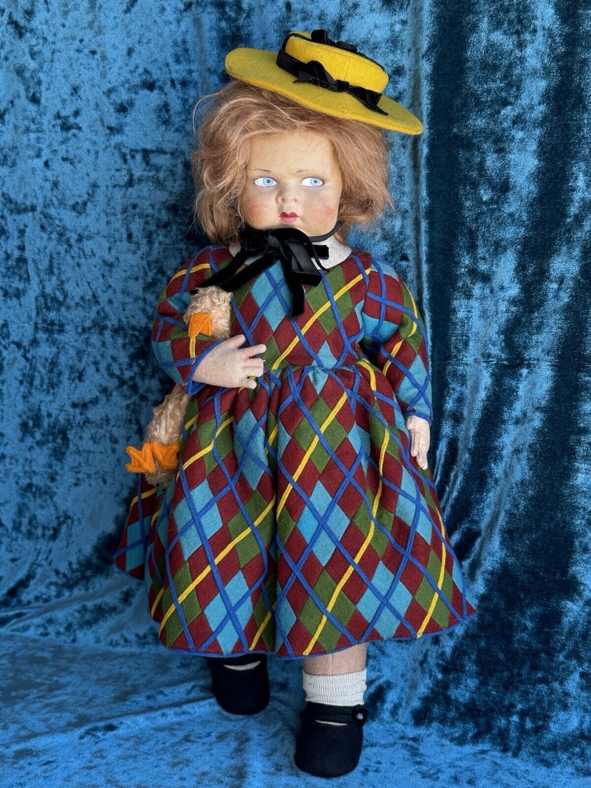 Vintage Lenci Italian Brown and Gold Plaid Dress and 2024 HatFelt Doll Hand Painted F