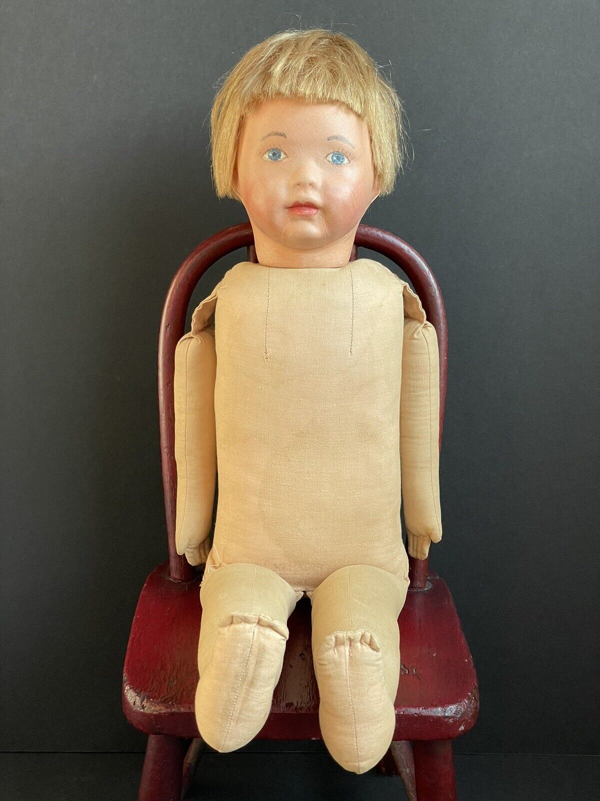 Antique American 19” Kamkins Cloth Oil Painted Doll