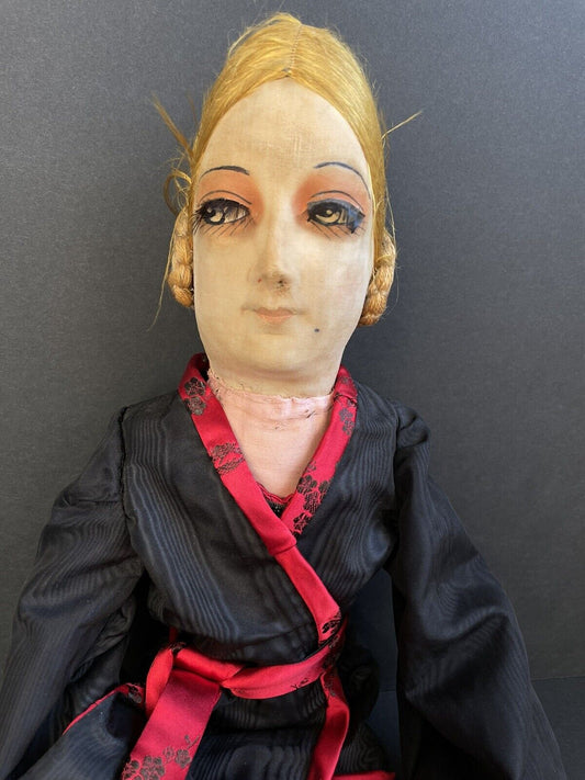 Antique Art Deco 30” French Boudoir Flapper Cloth Face Mask Doll