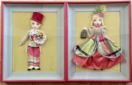 2 Vintage Framed Diorama Cloth Dolls Displays by American Artist Alice Daly