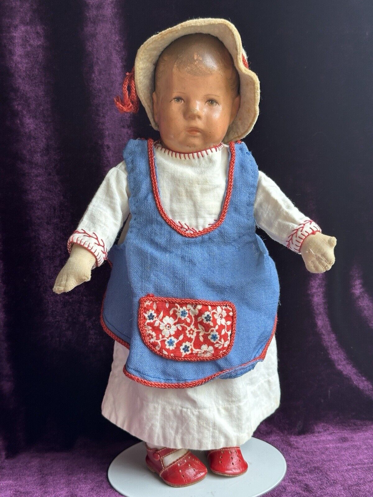 Antique German 14” Early Kathe Kruse Hampelchen Cloth Doll with Button + Extras