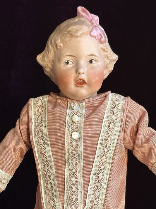 Rare Antique German Gebruder Heubach 7851 Pink Bow Bisque Head Girl Doll