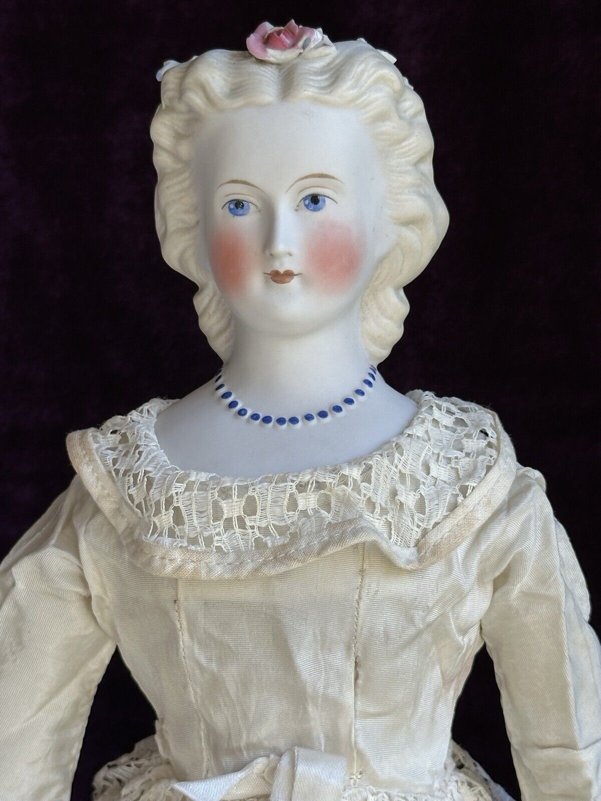 Antique German 17” Kling Parian Bisque Head China Bride Doll Dresden Flowers