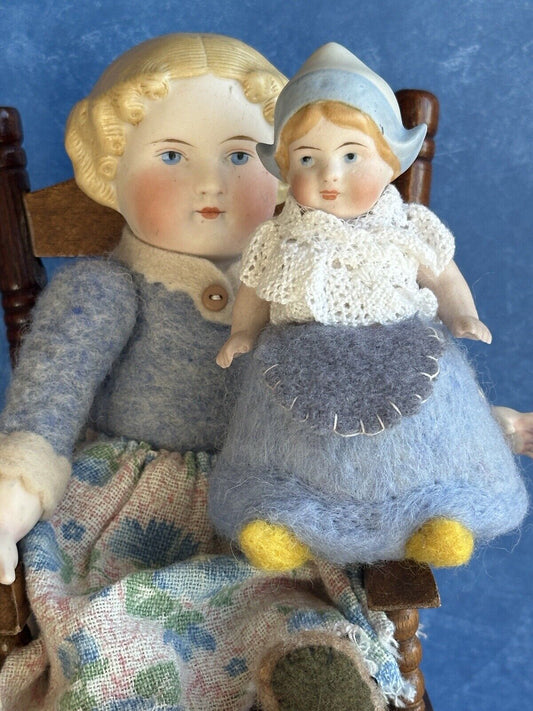 2 OOAK Antique German Parian Bisque Head Dolls Artist Redesign Felted Bodies