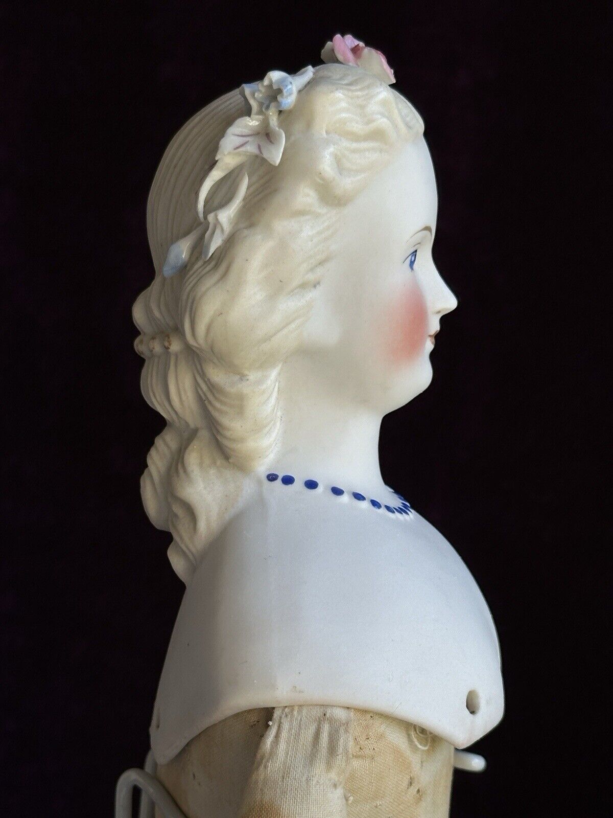 Antique German 17” Kling Parian Bisque Head China Bride Doll Dresden Flowers