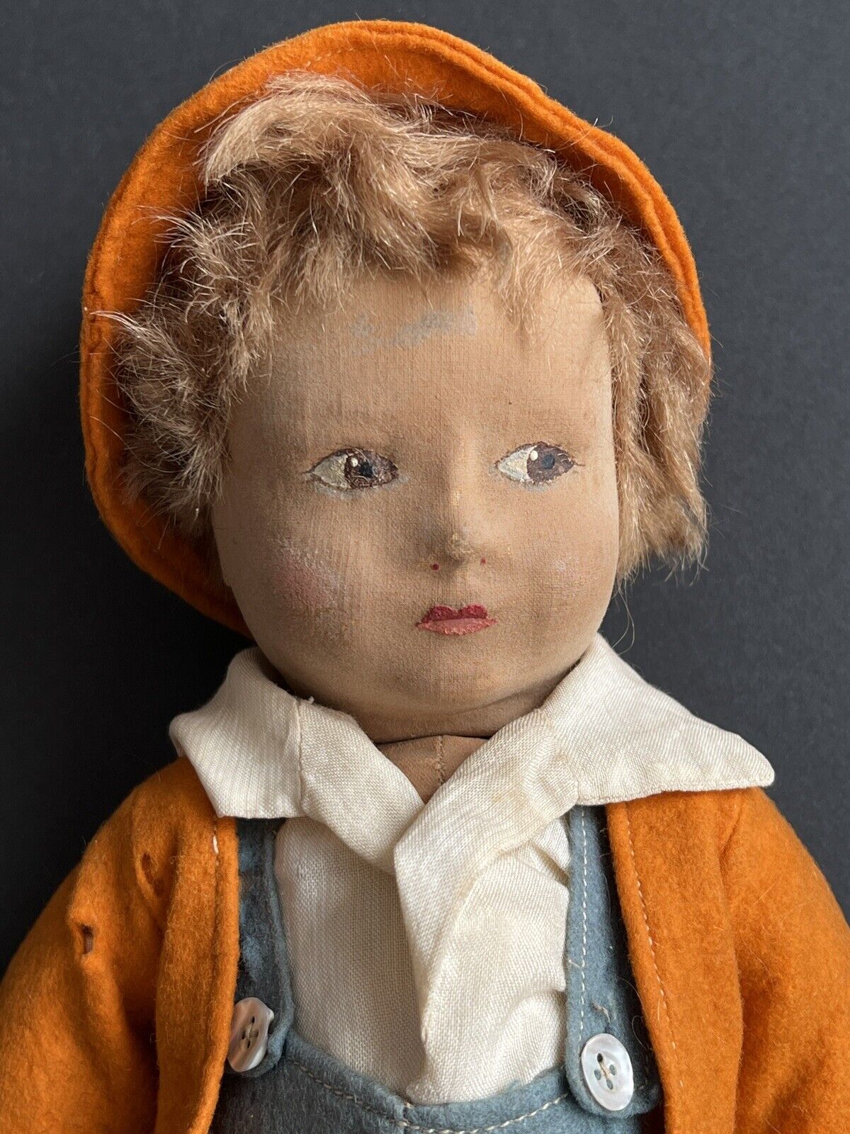 Antique English Early Cloth Chad Valley Boy Doll with Original Tag Felt Clothes