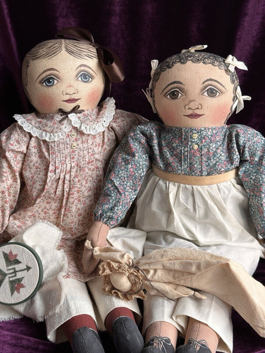 Lot of 2 Vintage Rappahannock Rags American Folk Art Painted Cloth Dolls