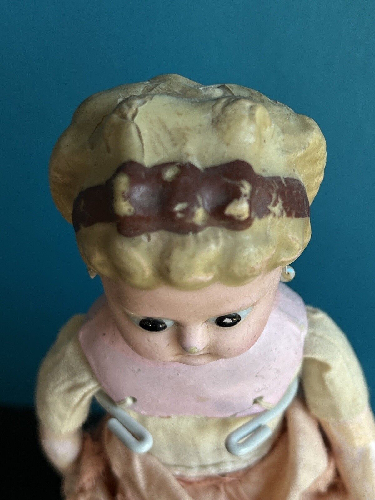 Antique German 13.5” Wax Over Papier Mache Pumpkin Head Pierced Ears Doll
