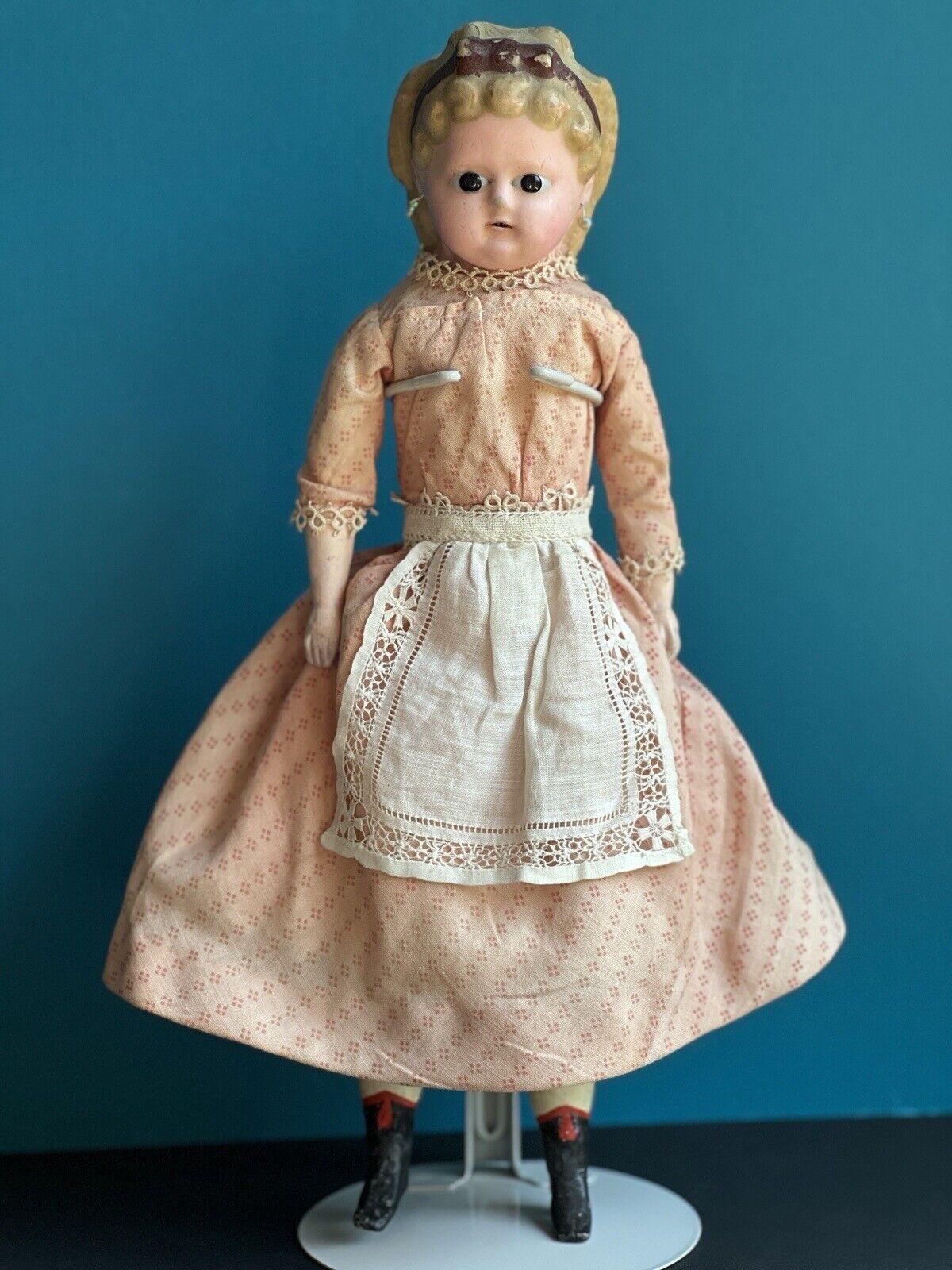 Antique German 13.5” Wax Over Papier Mache Pumpkin Head Pierced Ears Doll