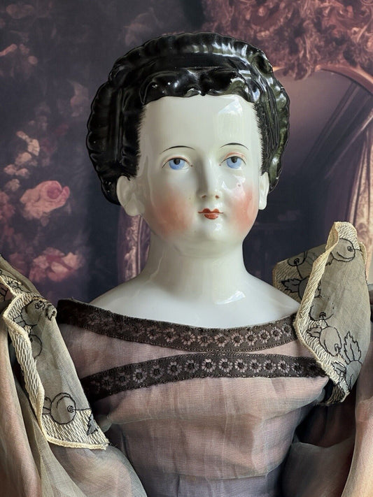 Very Rare Large 25.5” Antique German Brunette China Shoulder Head Doll