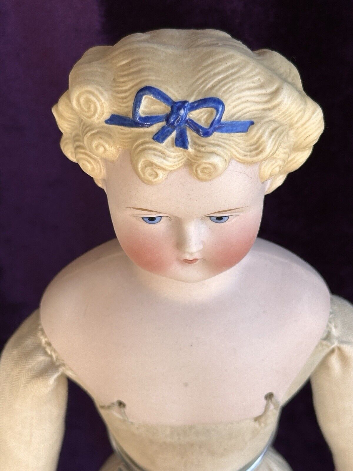 Antique German 16” Dolly Madison Blue Bow Parian Bisque China Head Doll