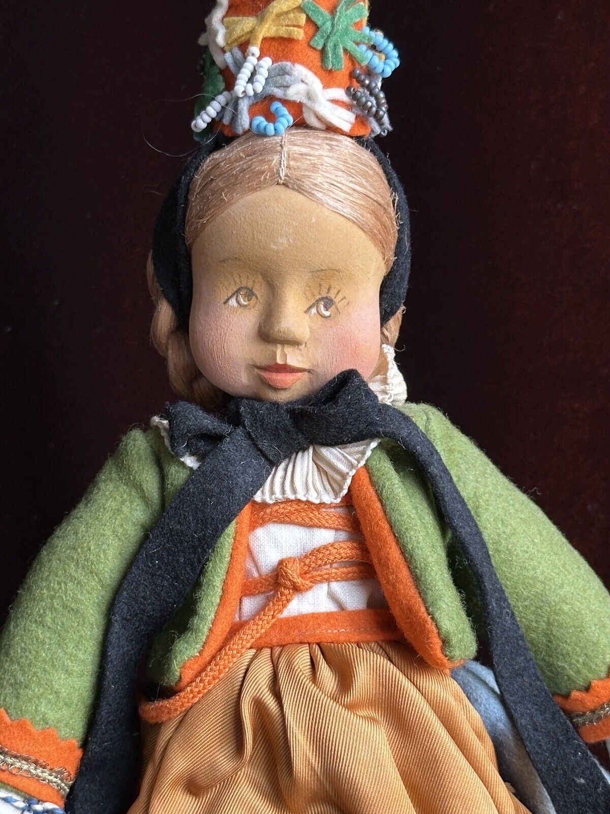 Antique German 9” Anna Fehrle Carved Wooden/Cloth Girl Doll with Tag