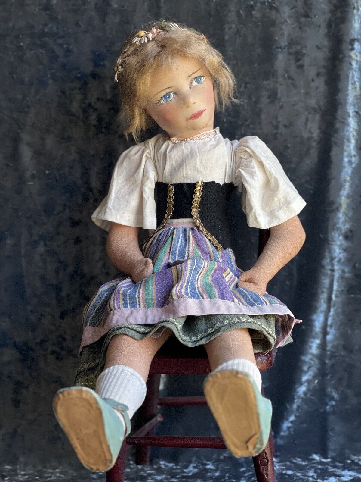 Unidentified Rare 24” Antique/Vintage Cloth Painted Boudoir Style Doll
