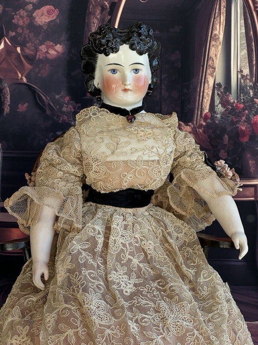 Rare Antique German 17.5” Countess Dagmar Style Brunette China Head Doll