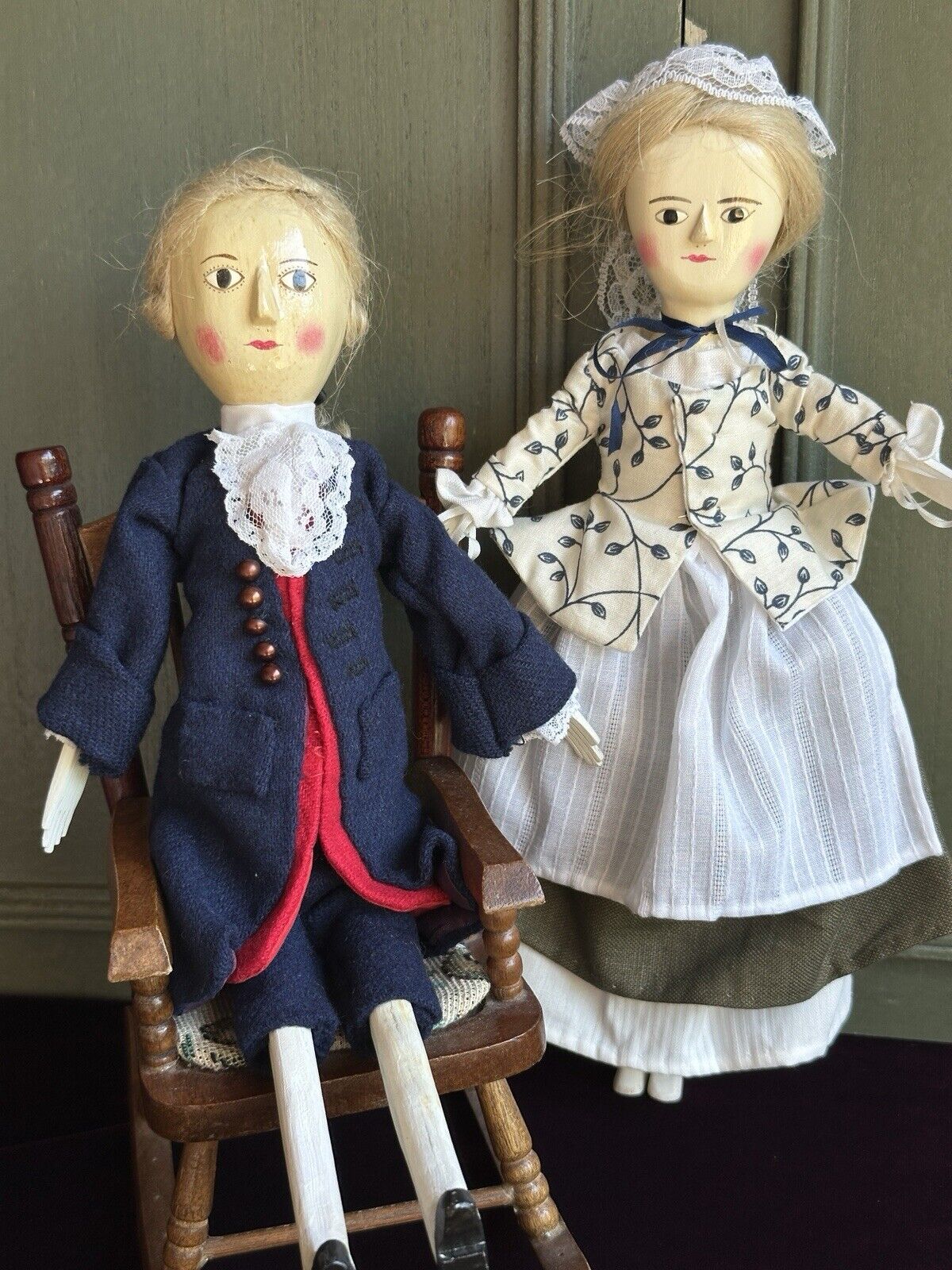 Pair of Collectible Wooden Victorian Dolls by Fred Laughon Queen Anne Style