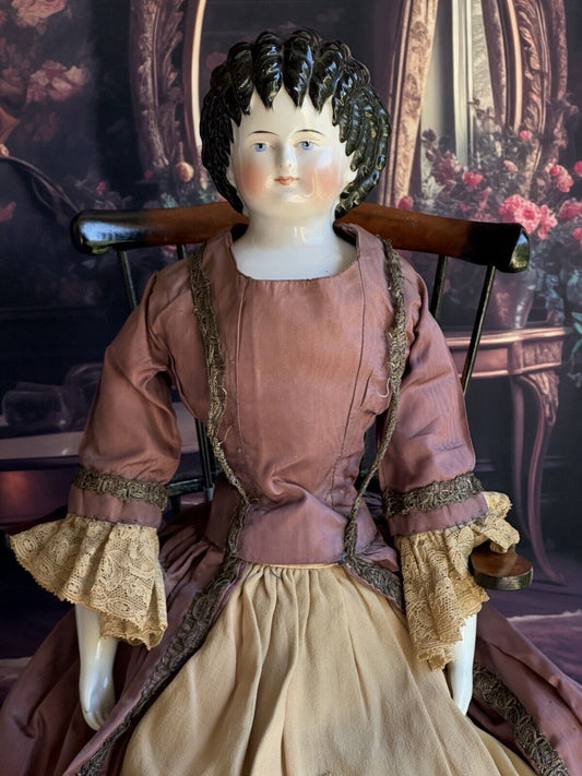 Rare Antique German 22” Alt Beck Gottschalk Curly Top Brunette China Head Doll