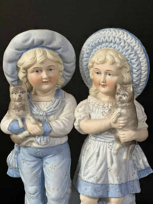 Antique Bisque Large 11” Figurine Boy and Girl In Blue Holding Cats Numbered 15