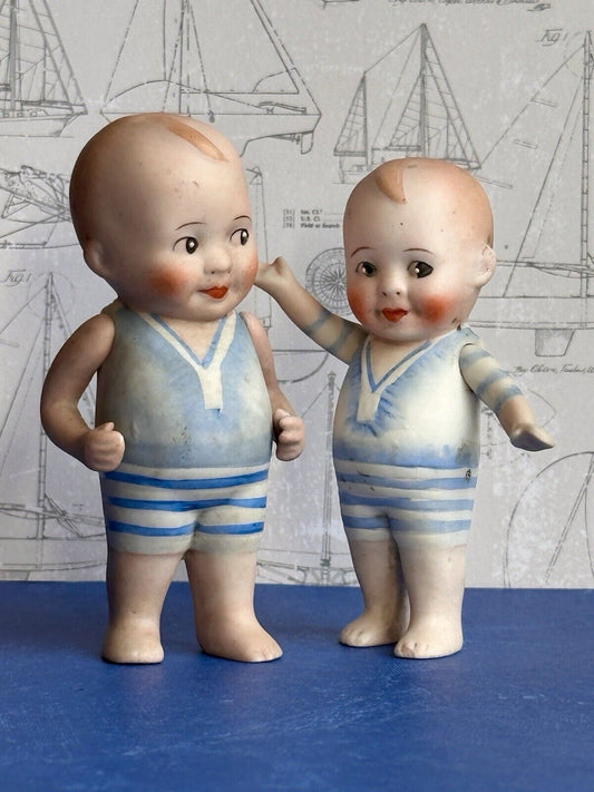 Lot of 2 Antique German Miniature All Bisque Baby Bud Sailor Dolls