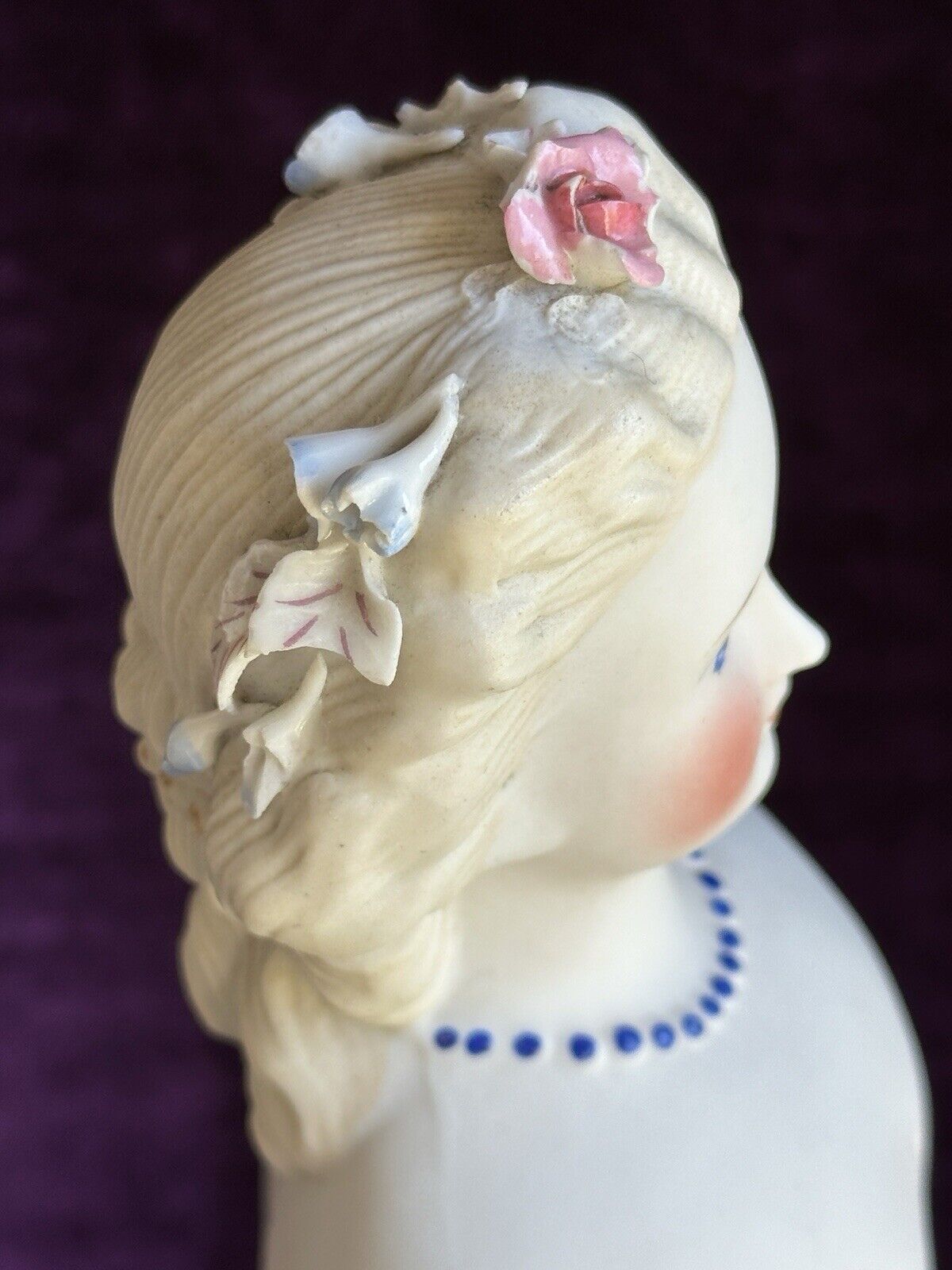 Antique German 17” Kling Parian Bisque Head China Bride Doll Dresden Flowers