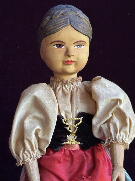 Vintage 10” Swiss Huggler Wood Carved Doll