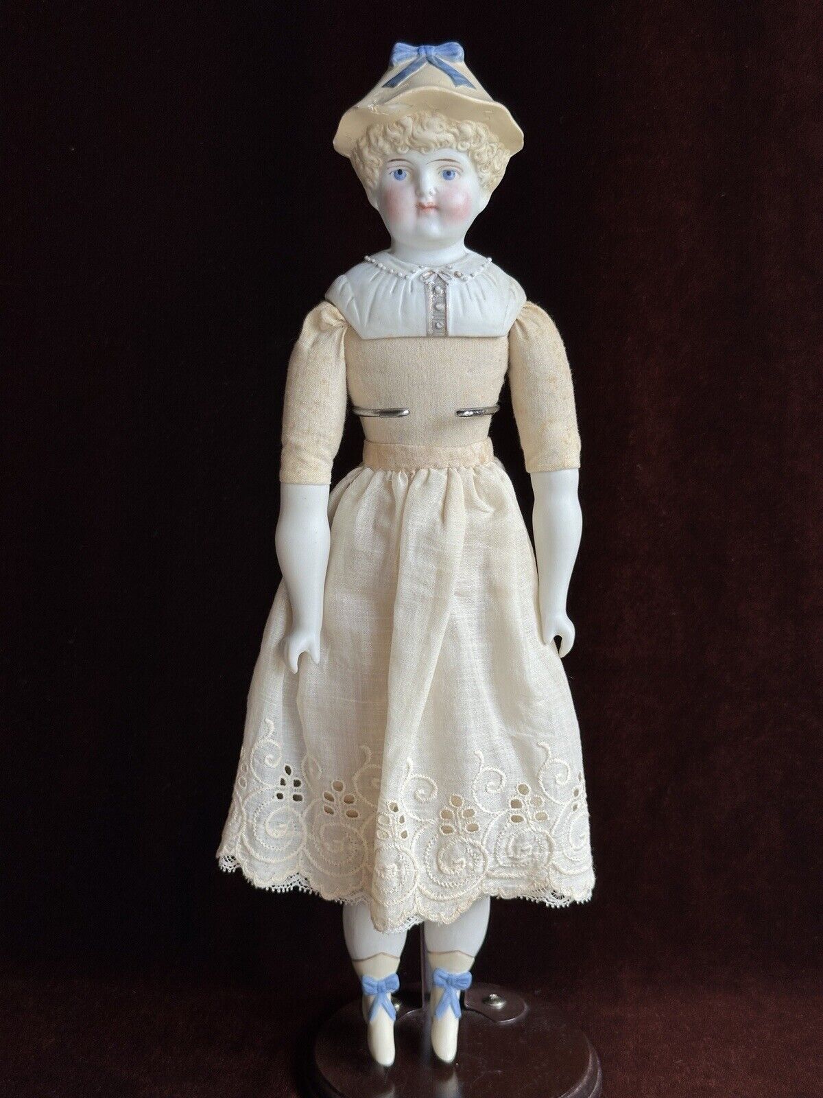 Antique German Hertwig 14” Molded Hat Parian Bisque Shoulder Head Doll