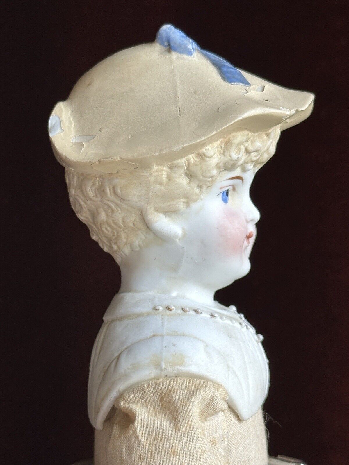 Antique German Hertwig 14” Molded Hat Parian Bisque Shoulder Head Doll