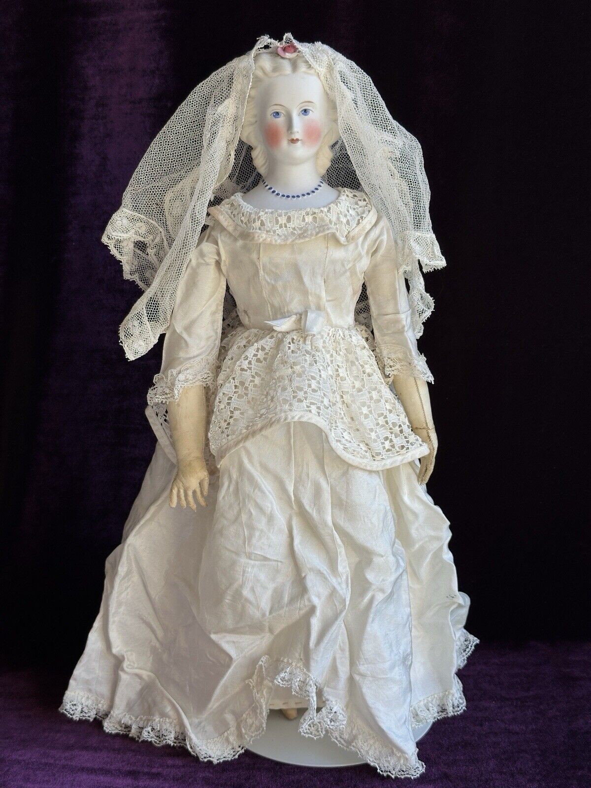 Antique German 17” Kling Parian Bisque Head China Bride Doll Dresden Flowers