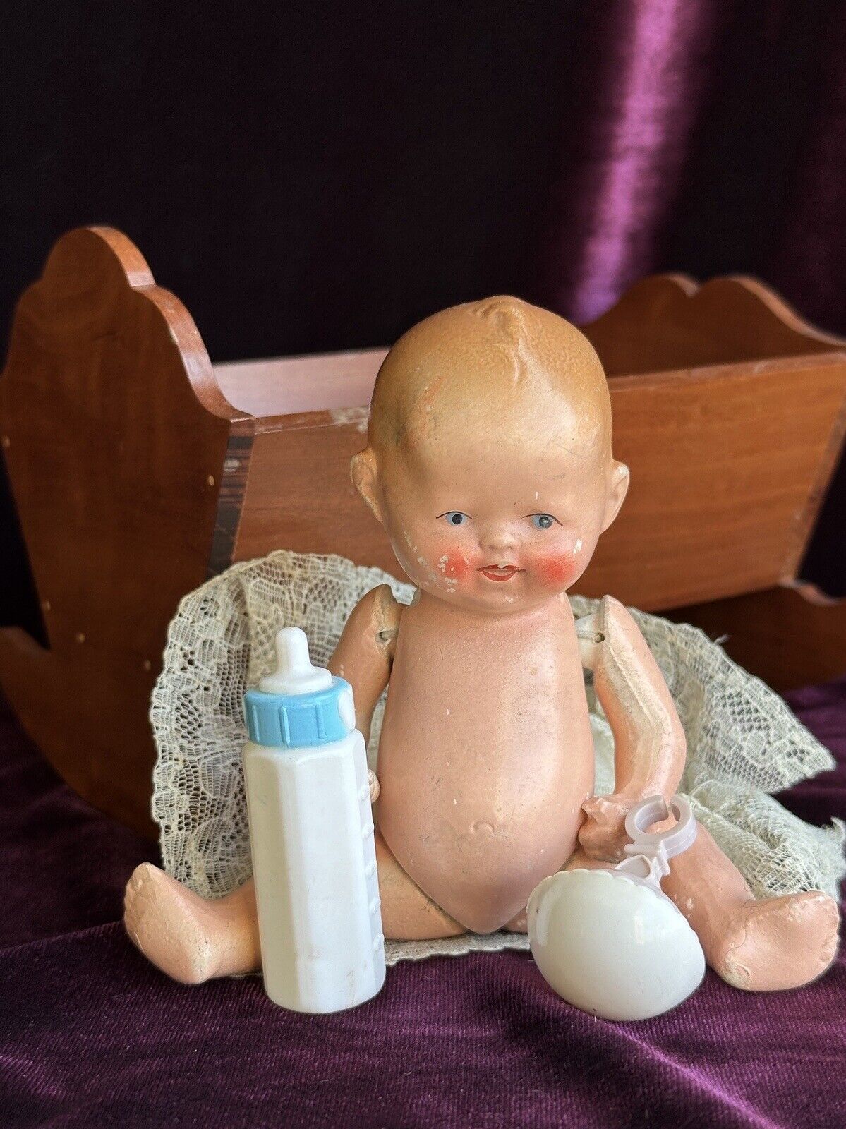 Antique German Miniature Hertwig (?) Bisque Baby Doll with Accessories