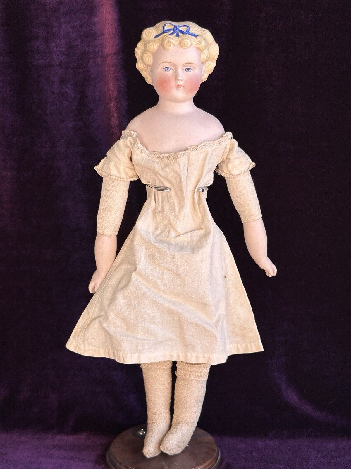 Antique German 16” Dolly Madison Blue Bow Parian Bisque China Head Doll