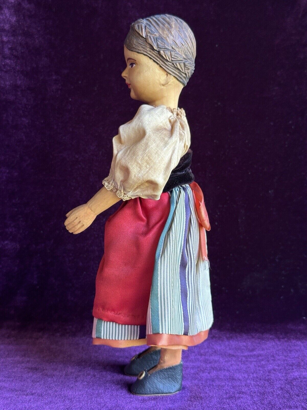 Vintage 10” Swiss Huggler Wood Carved Doll