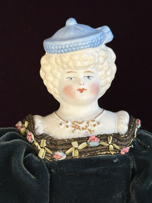 Antique German 11.5” Hertwig Molded Hat Parian China Bisque Doll